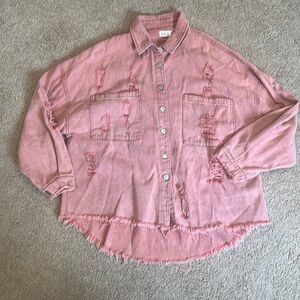 POL Women’s Distressed Denim Shacket Jacket Top  Size S